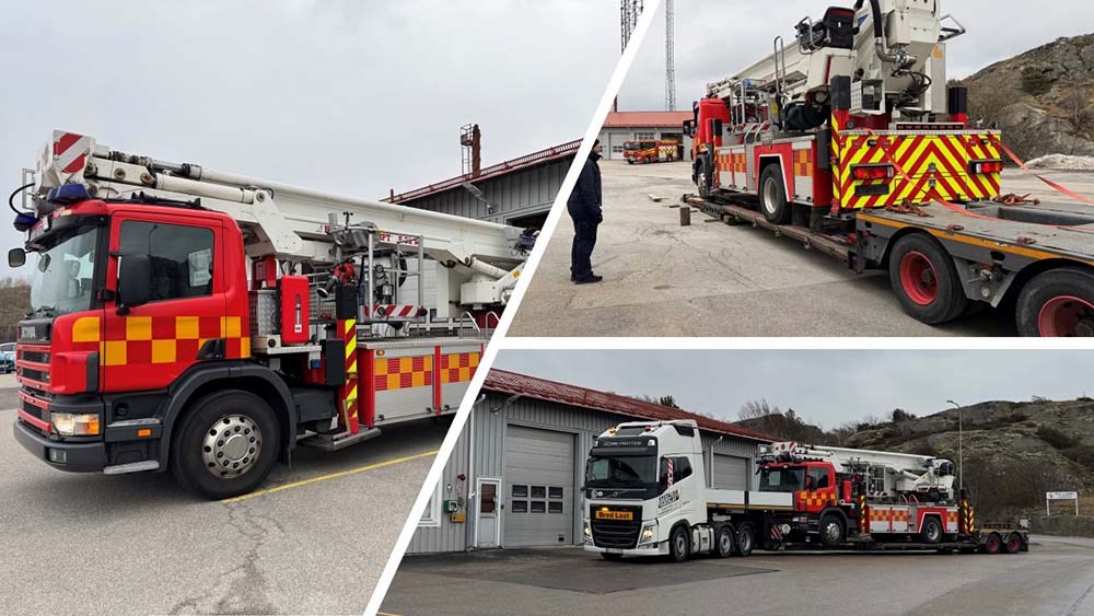 Tre bilder på en brandbil som lastas på en transport